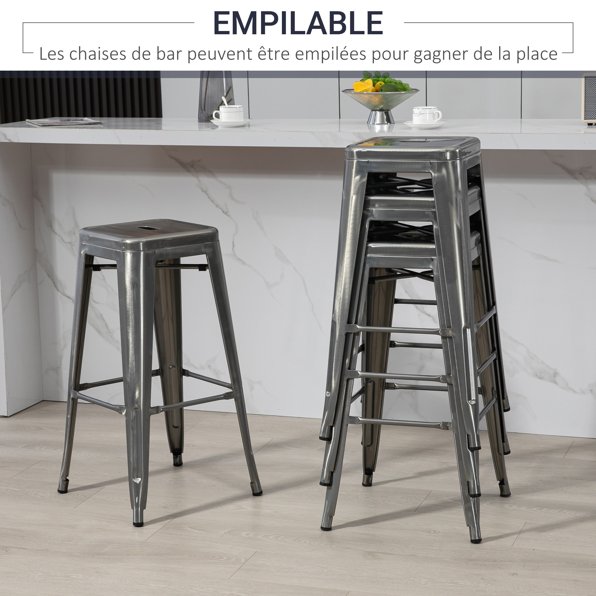 Lot de 4 tabourets de bar industriel empilables hauteur assise 76 cm métal argenté