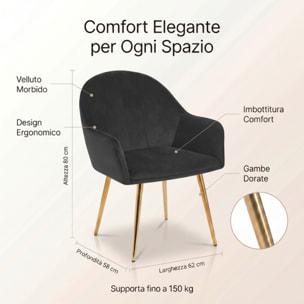 Set 2 poltrone in velluto con gambe oro, sedie imbottite design elegante e moderno, struttura in legno con schienale e seduta confortevoli, rivestimento effetto velluto morbido, ideali per soggiorno camera e ufficio, stile raffinato