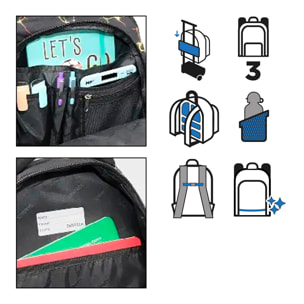 Zaino scolastico con tre cerniere, pannello imbottito, dettagli riflettenti e compatibile con trolley. 28x12x37 cm.