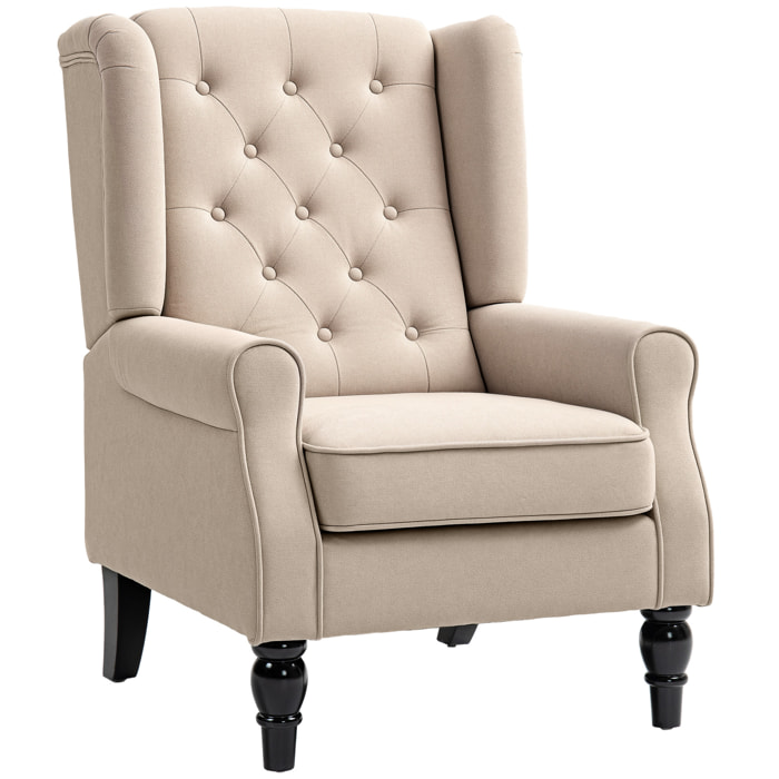 Fauteuil à oreilles style Chesterfield dossier capitonné grand confort bois noir tissu beige
