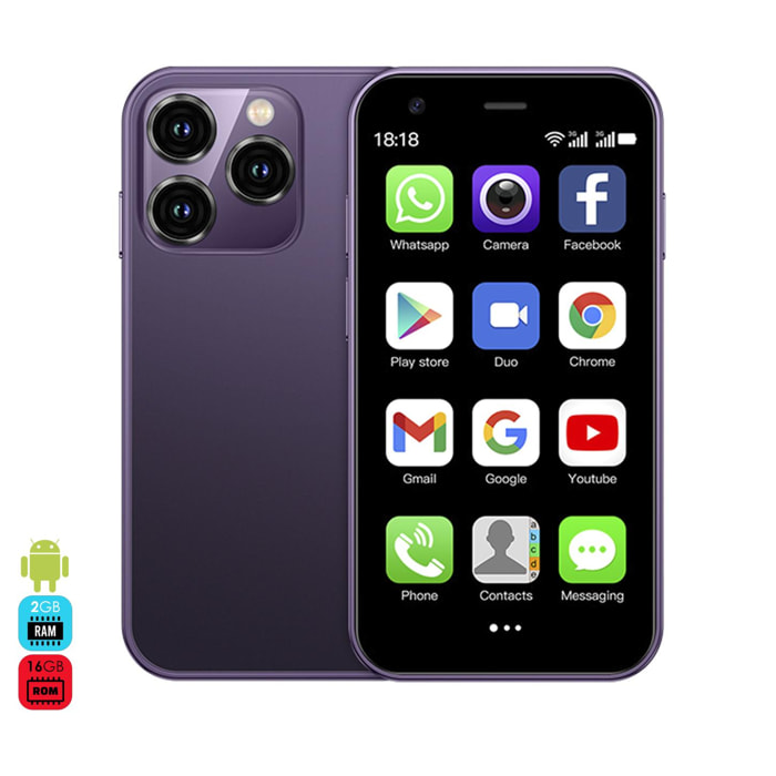 DAM Mini smartphone XS15 3G, Android 8.1, 2GB RAM + 16GB. Pantalla 3''.Doble tarjeta SIM. 4,5x1,2x10,2 Cm. Color: Morado