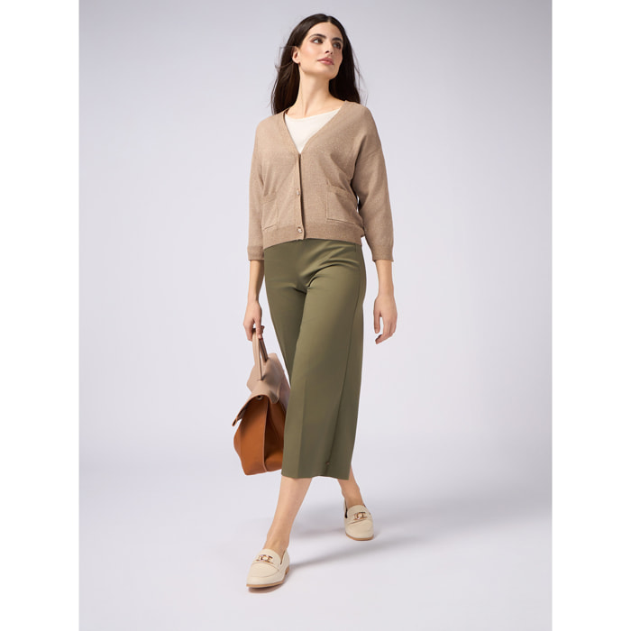 Oltre - Pantaloni cropped palazzo misto cotone - Verde militare