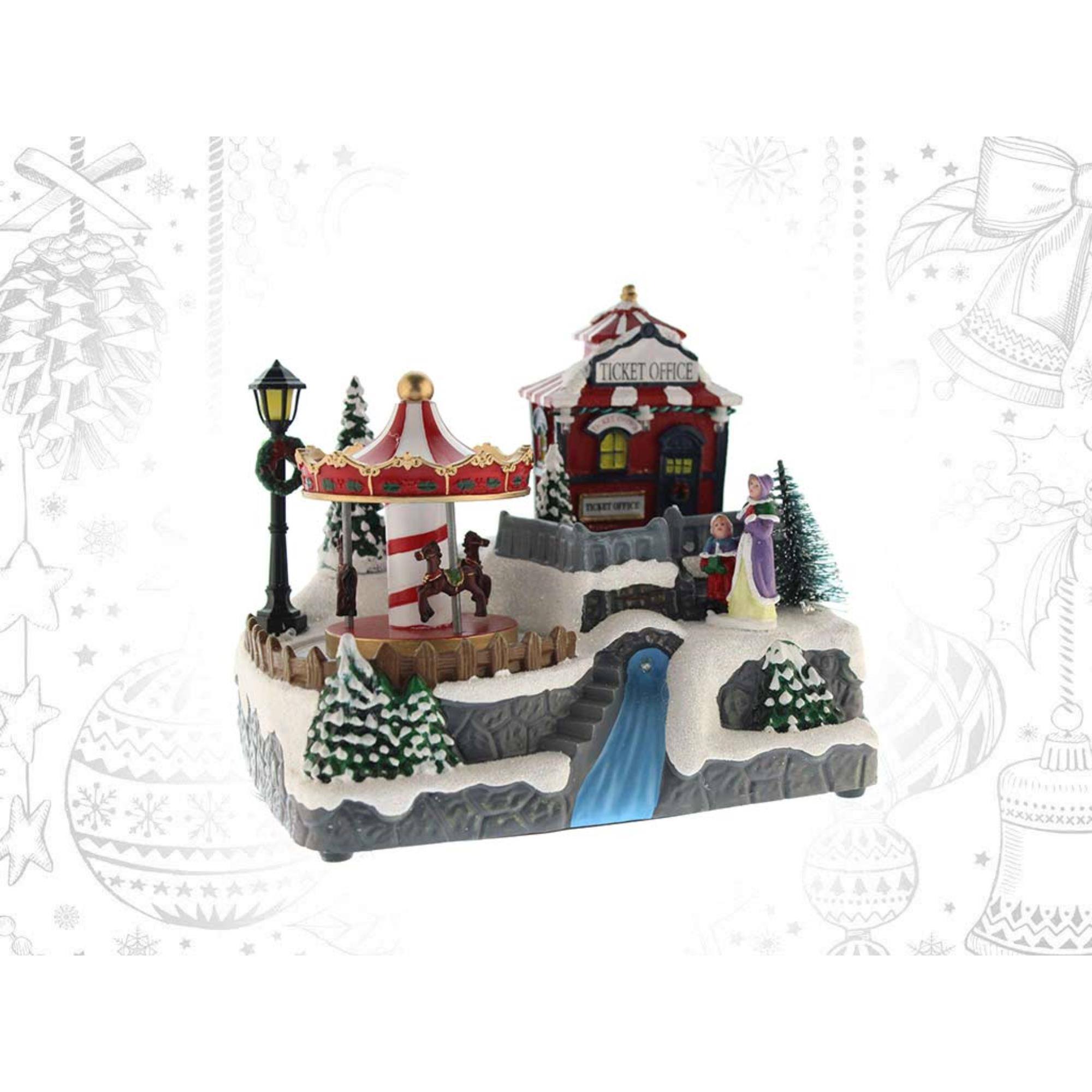 Pueblo navideño decorativo con rio en movimiento, luces led y música