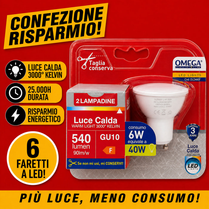 OMEGA Set 6 Faretti LED 6W 540LM GU10 3000K