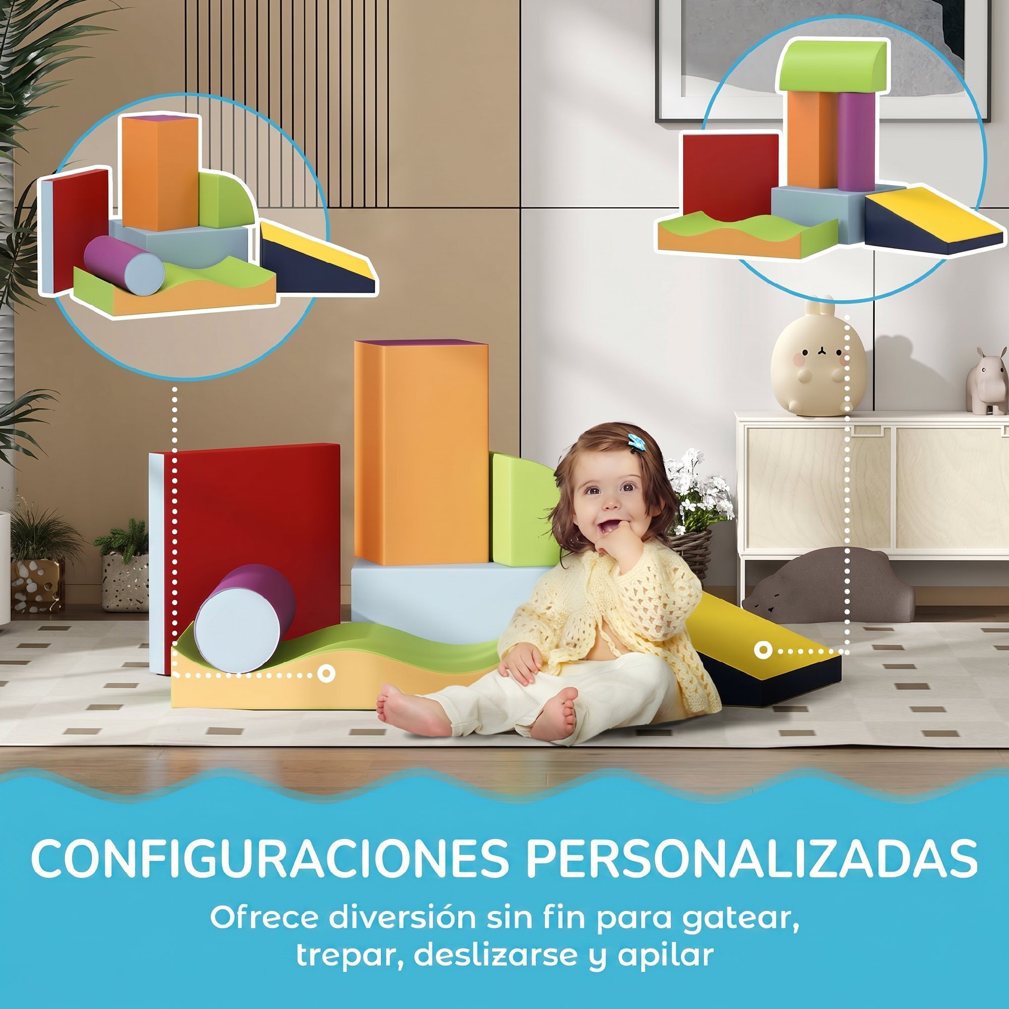 HOMCOM Juego de 7 Bloques de Espuma para Niños de 1-3 Años Bloques Psicomotricidad Figuras de Construcción para Escalar y Gatear Multicolor