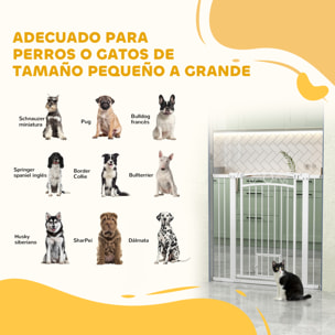 Barrera para Perros Puerta para Perros con Ancho Ajustable 76-104 cm Barrera de Seguridad para Perros con 2 Extensiones Doble Bloqueo y Puerta Pequeña para Escaleras y Puertas Blanco
