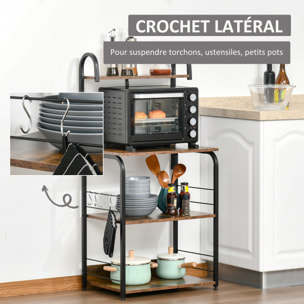 Étagères de cuisine - meuble micro-ondes - 3 étagères, plateau, crochets - métal noir aspect acajou