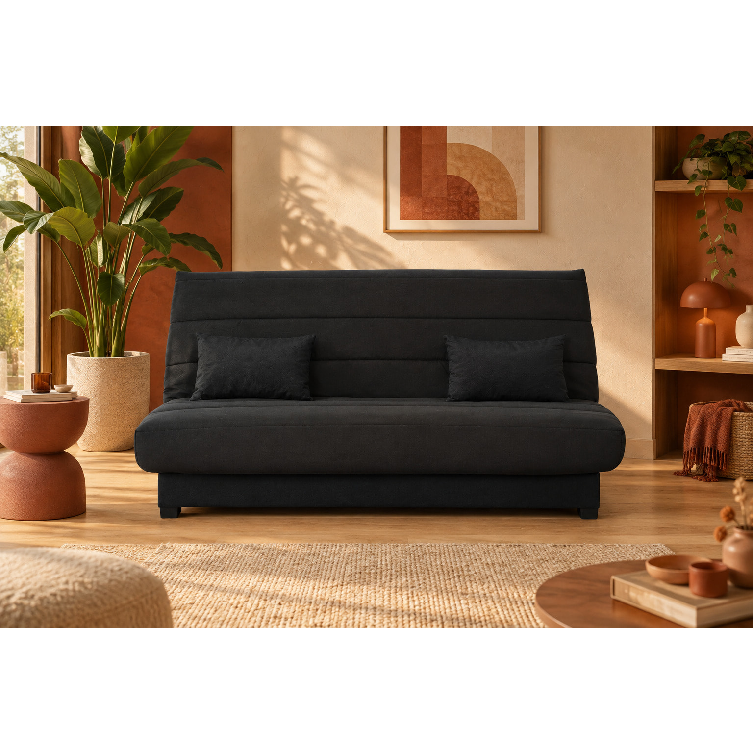 Canapé convertible Olivia, matelas Simmons, 130 x 190 cm, 2 coussins offerts, noir