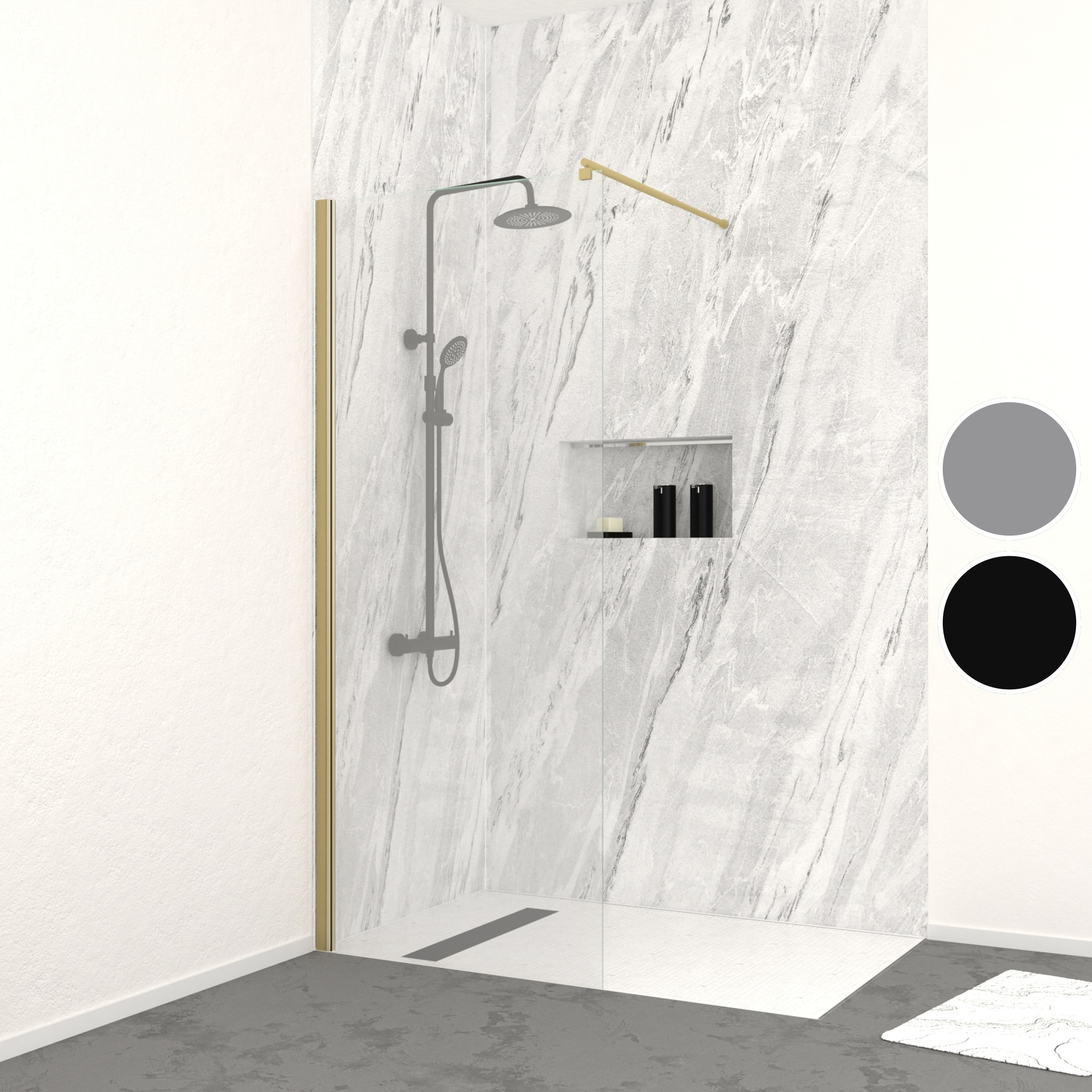 Paroi de douche à l'italienne 80x200 cm verre trempé 8 mm - Finition Or Doré Brossé - FREEDOM 2 GOLD