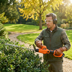 Taille-haies télescopique sans fil 100W 2 batteries lame asymétrique double action 51 cm orange