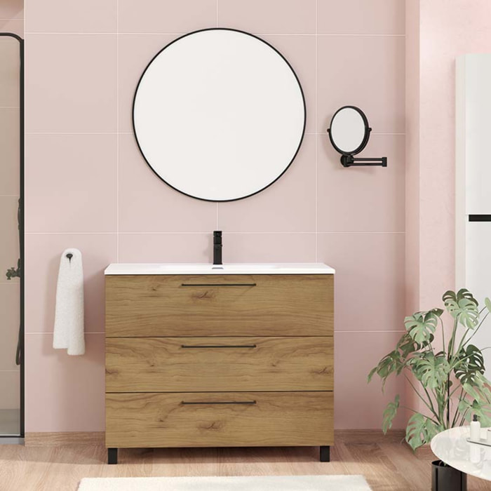 Ensemble De Salle De Bain Haru | Meuble De Salle De Bain Avec Pieds | 100 Cm Teka| 3 Tiroirs | Vasque Ceramique | N'Inclut Pas Miroir | Alday