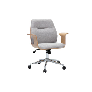 Chaise de bureau à roulettes design en tissu effet velours texturé gris, bois clair et acier chromé RUFIN