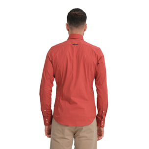 Camicia Uomo 2 Bottoni Button Down Slim Popeline Stretch Unito Rosso Mattone