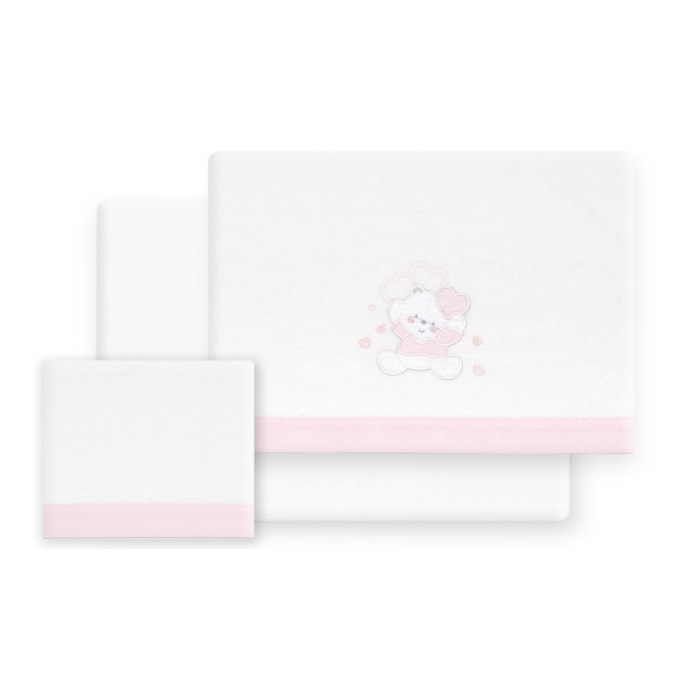 Triptico Cuna Franela D. Algodon Oso Corazones Bco/Rosa