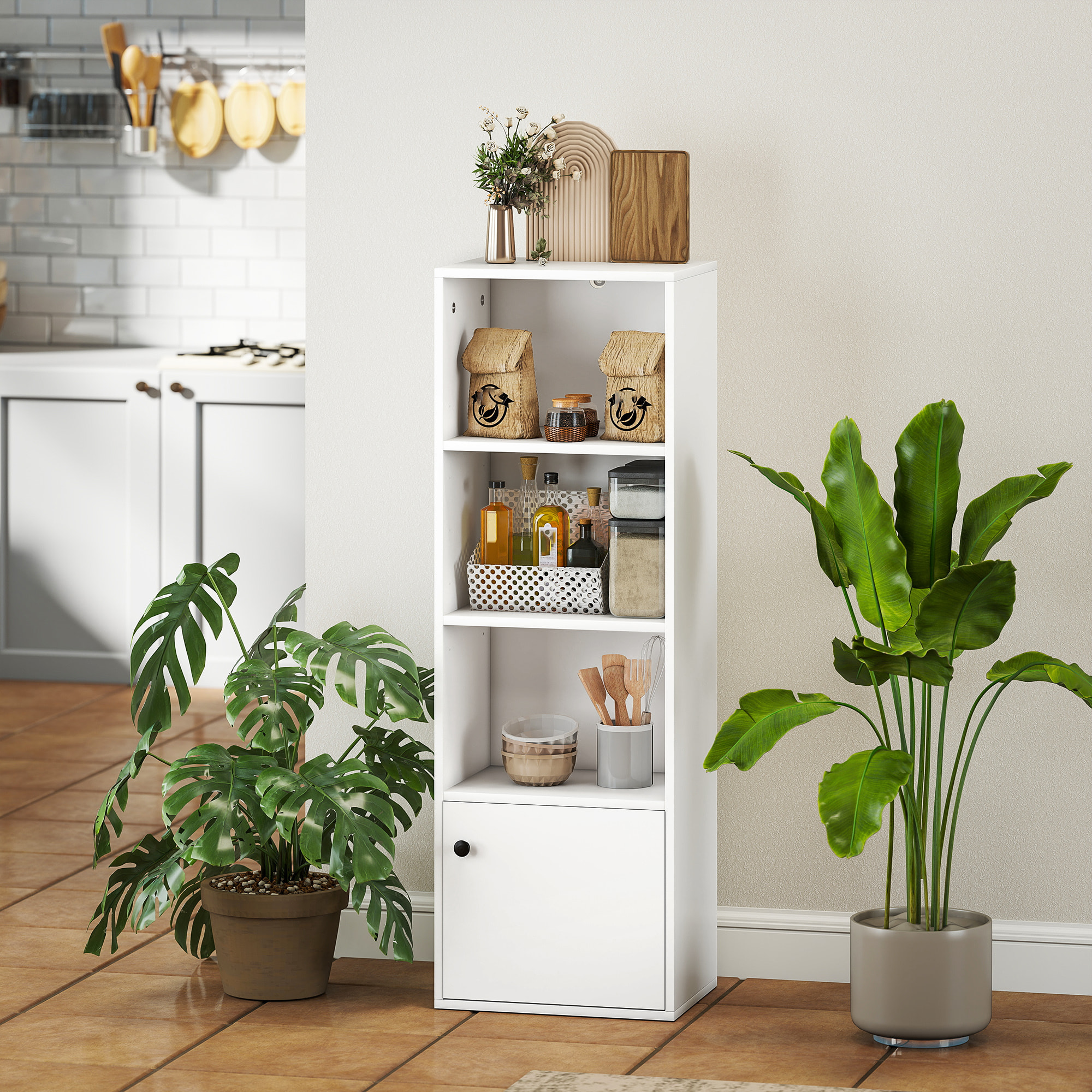 Librería de 4 Niveles, Estantería para Libros con Estantes Ajustables y Puerta, Estantería Moderna, 40x30x120 cm, para Salón, Dormitorio, Estudio, Oficina, Blanco