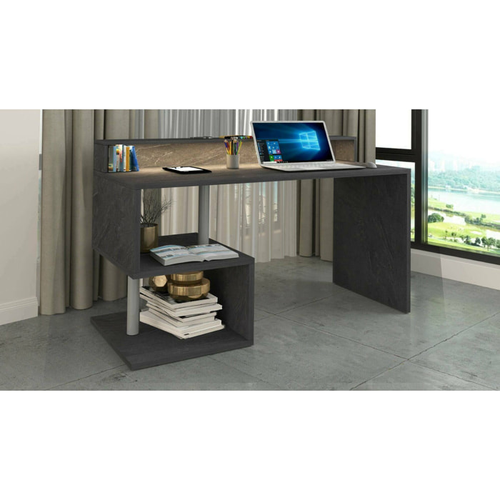 Scrivania Yemyin, Scrittoio lineare con ripiani portaoggetti e luci LED, Scrivania ufficio multiuso con sopralzo, 140x60h93 cm, Ardesia