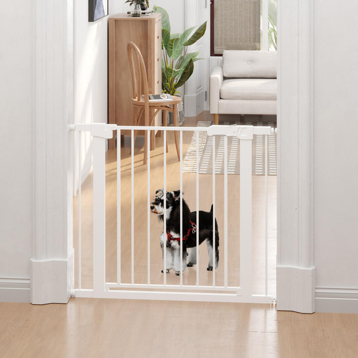Barrera de Seguridad de Perros Extensible para Escaleras y Puertas 75-96 cm con 2 Extensiones de 7 cm Cierre Automático y Marco de Acero Altura 76 cm Blanco