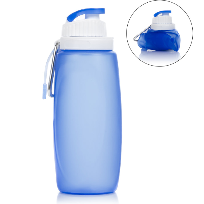 Mini bottiglia pieghevole arrotolabile da 320ml, in silicone di grado alimentare. Con moschettone.