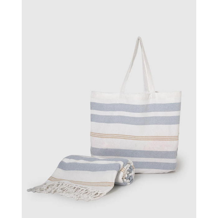 Pack bolso + toalla pareo algodón raya velour azul agua