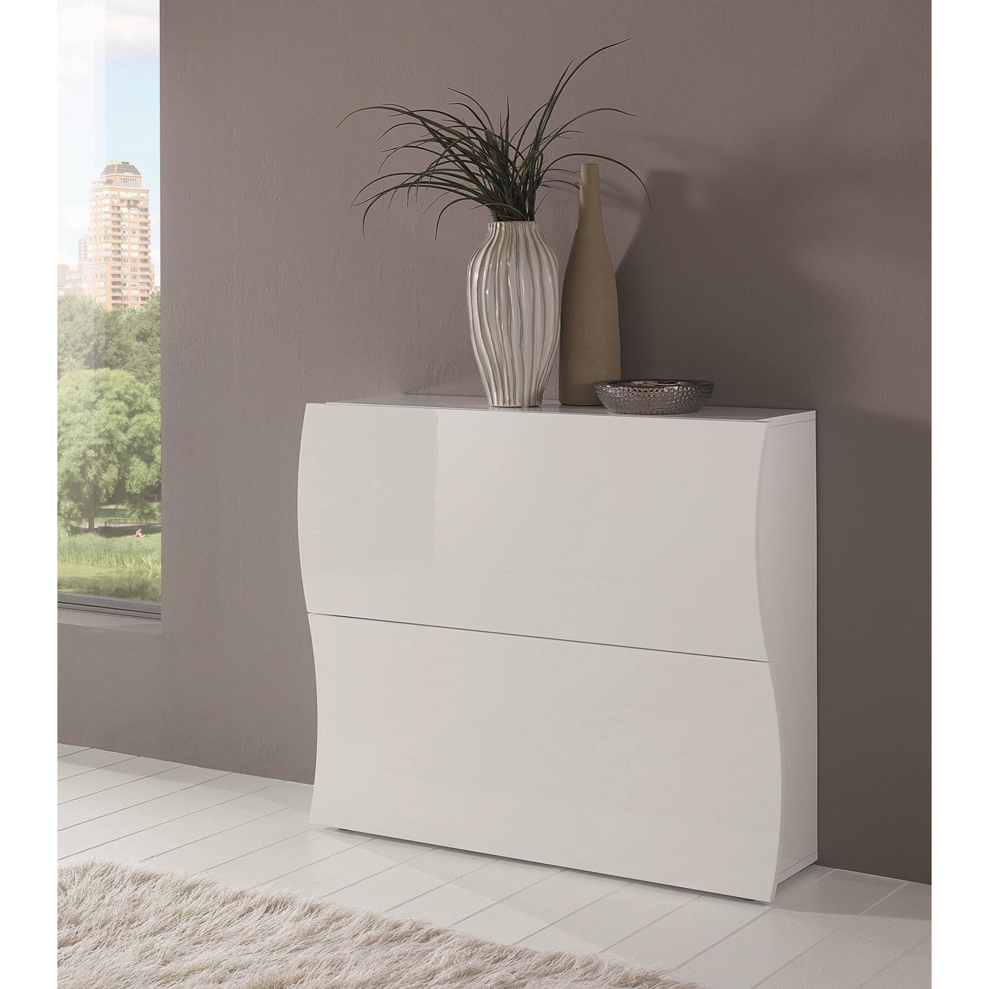 Scarpiera moderna, Made in Italy, a 2 ante a ribalta, Portascarpe da ingresso, cm 101x27h82, colore Bianco lucido