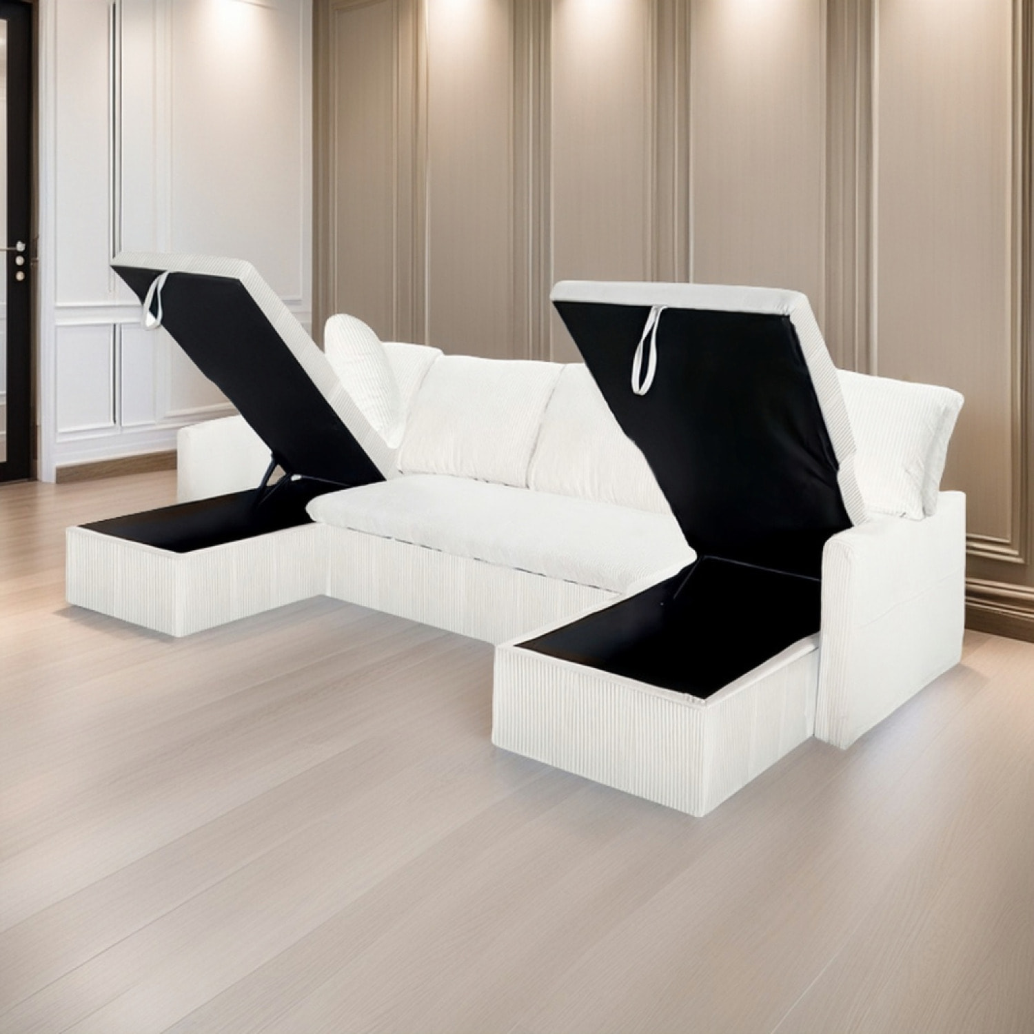 ELLA - Canapé panoramique convertible 4 places en velours côtelé avec coffre - beige