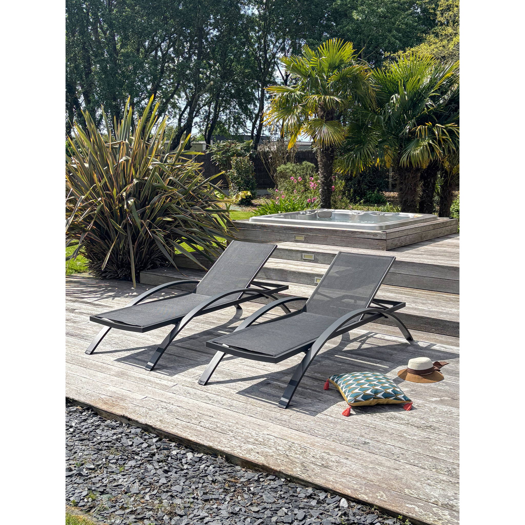 BARCELONA - Lot de 2 bains de soleil en toile plastifiée et aluminium