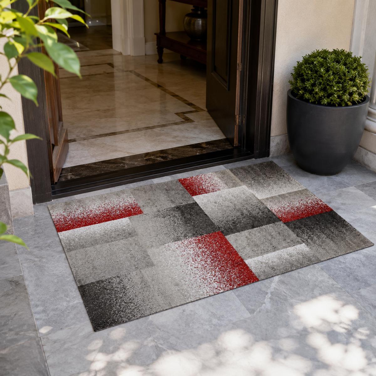 Tapis Kuje motif géométrique destructuré, rouge, gris