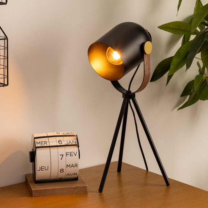 Lampe trépied "Bil" - noir - bois et doré - métal H45 cm