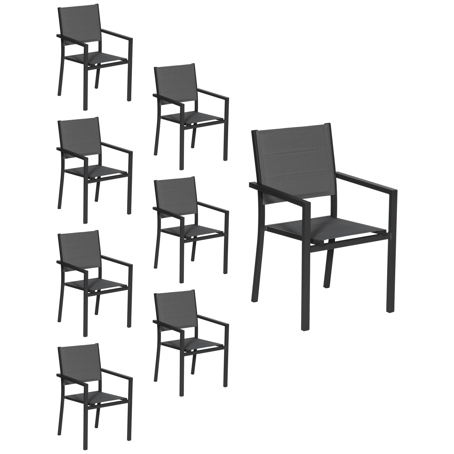 Lot de 8 chaises rembourrées en aluminium anthracite - textilène gris