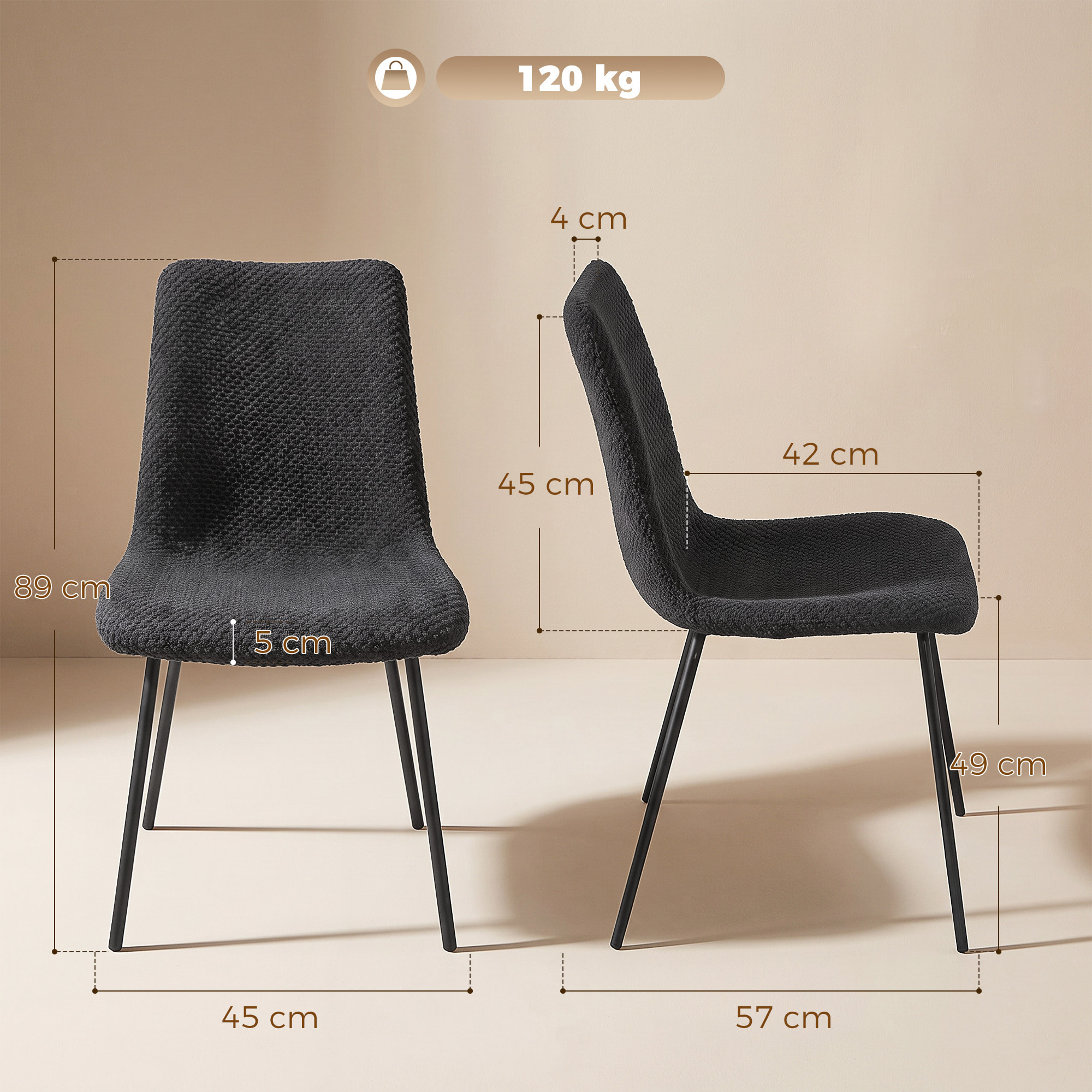 Pack de 2 Sillas de Comedor, Sillas de Cocina Modernas, Tapizadas de Terciopelo, Asiento y Respaldo Acolchados, Patas de Acero, Gris Oscuro