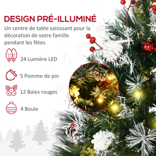 Sapins de Noël artificiel H. 75 cm aspect enneigé - lot de 2 sapins LED - 8 modes d'éclairage - 70 branches - décoration incluse - usage extérieur