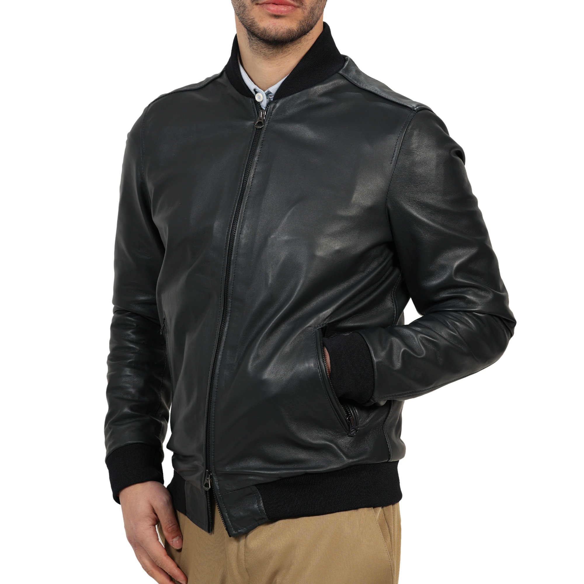 Giubbino in vera pelle di vitello Blu-Slim Fit