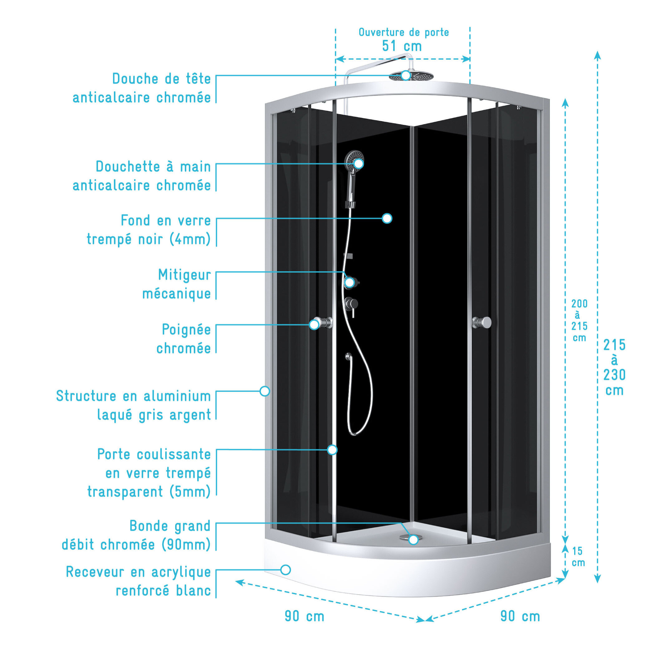 cabine de douche ROUND SHADOW CORNER 90x90x230cm