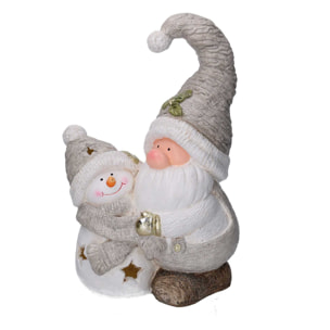 Gnomo in resina e pupazzo di neve grigiocon led cm27,5x18,5h42
