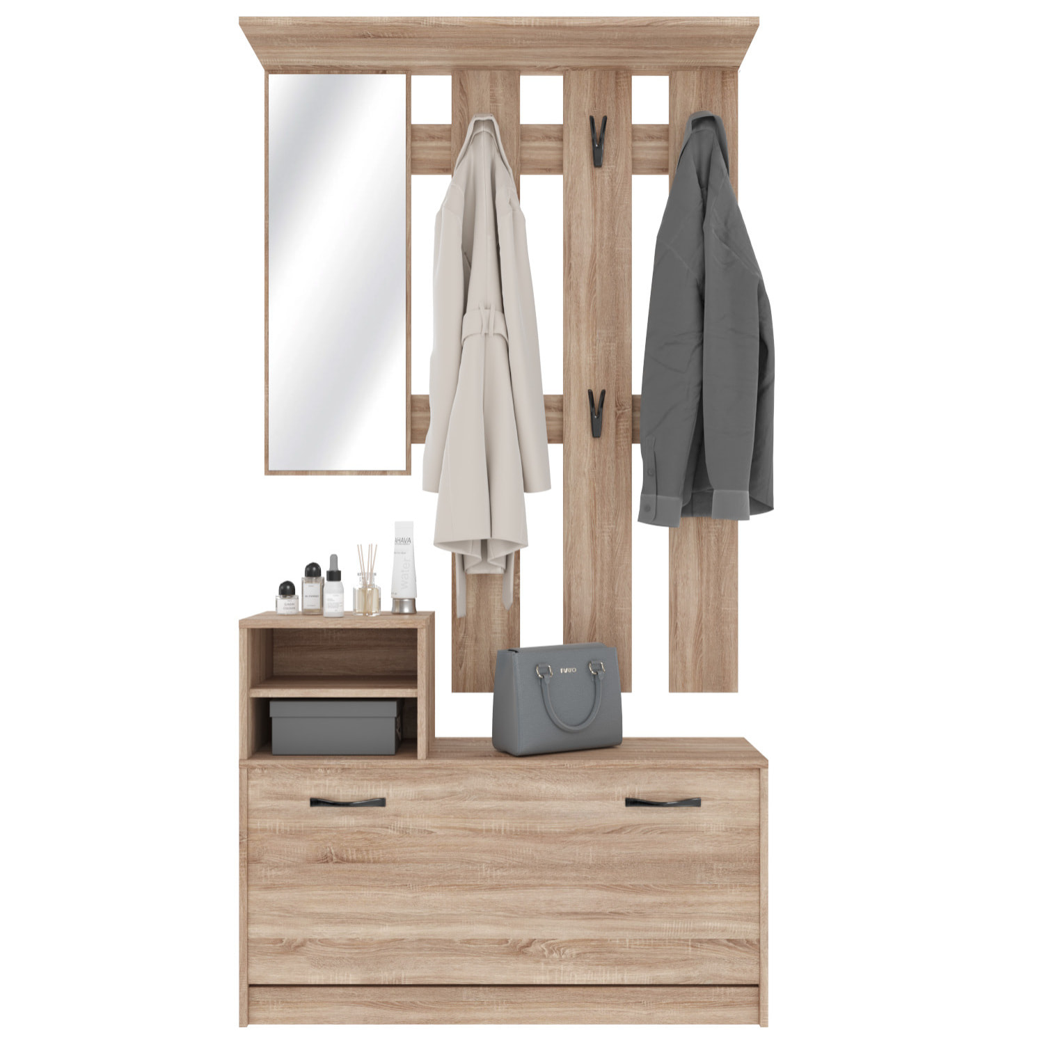 Set Di Mobili Da Ingresso Mobile Corridoio Specchio Scarpiera 6 Ganci Appendiabiti Guardaroba Arredo Arredamento Corridoio 160 x 85 x 24 Cm Rovere