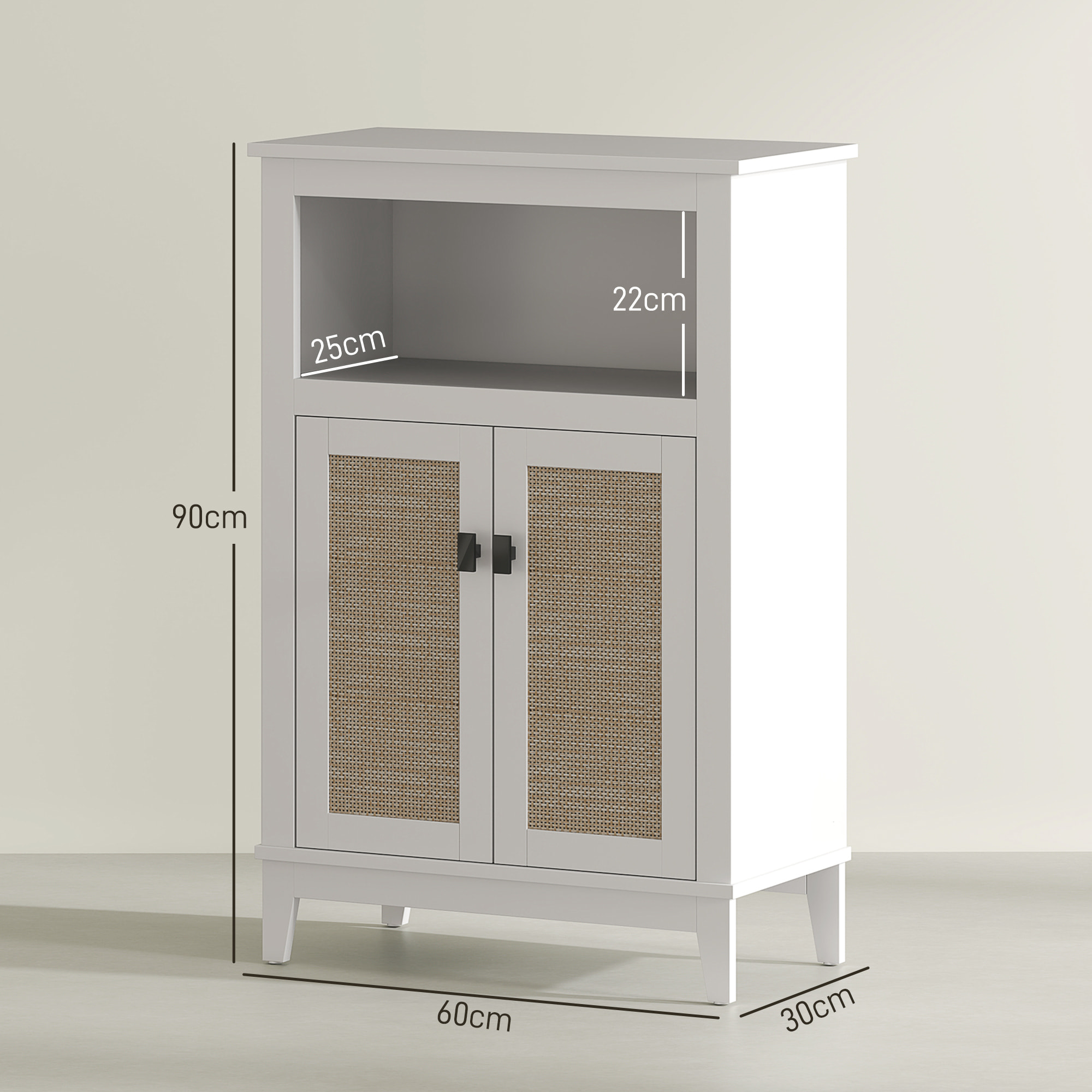 Mueble Auxiliar de Baño con 2 Puertas con Frontal de Ratán Armario de Baño con Estante Ajustable y Compartimento Abierto 60x30x90 cm Blanco