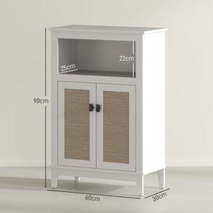 Mueble Auxiliar de Baño con 2 Puertas con Frontal de Ratán Armario de Baño con Estante Ajustable y Compartimento Abierto 60x30x90 cm Blanco