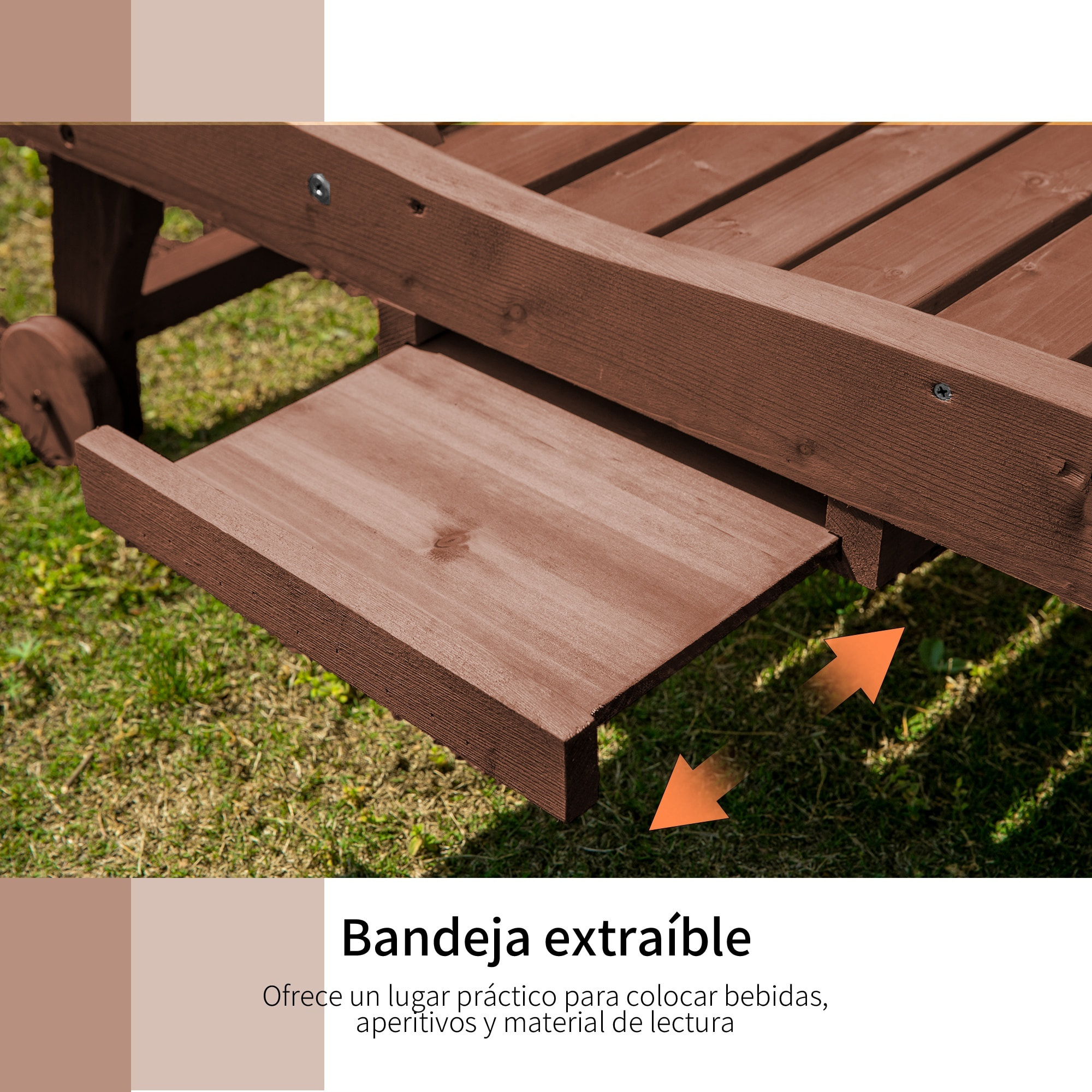 Tumbona de Madera Exterior Silla Reclinable de Jardín con 2 Ruedas Respaldo Ajustable en 3 Niveles y 1 Bandeja Carga 113 kg para Terraza Patio Natural