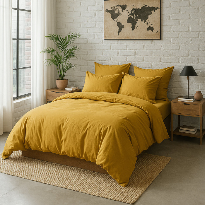 Housse de couette percale de coton jaune moutarde