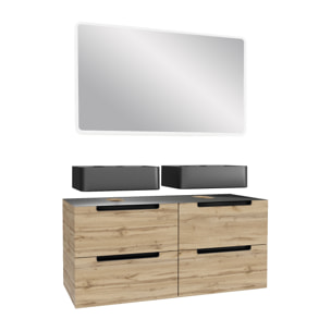 Meuble salle de bains 120cm Chêne et noir, Vasques rectangulaires et Miroir Led 120x70 - OMEGA