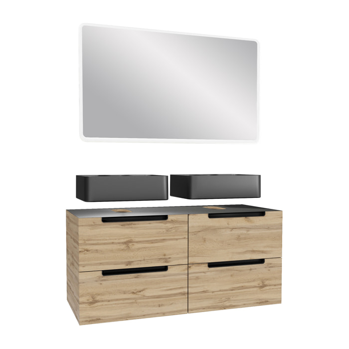 Meuble salle de bains 120cm Chêne et noir, Vasques rectangulaires et Miroir Led 120x70 - OMEGA