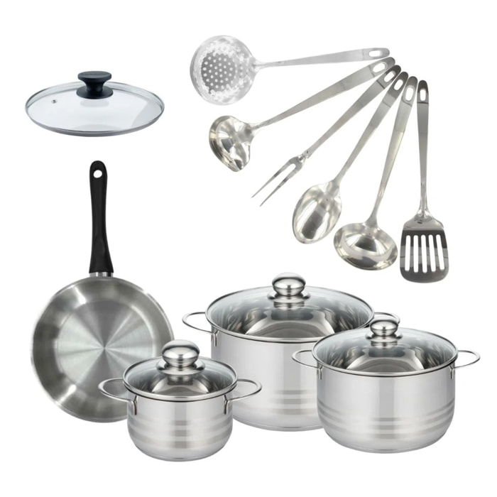 Set de 1 poêle 20 cm inox, couvercle verre, 3 faitouts inox 16, 20 et 24 cm et 6 ustensiles inox Fackelmann Geneva