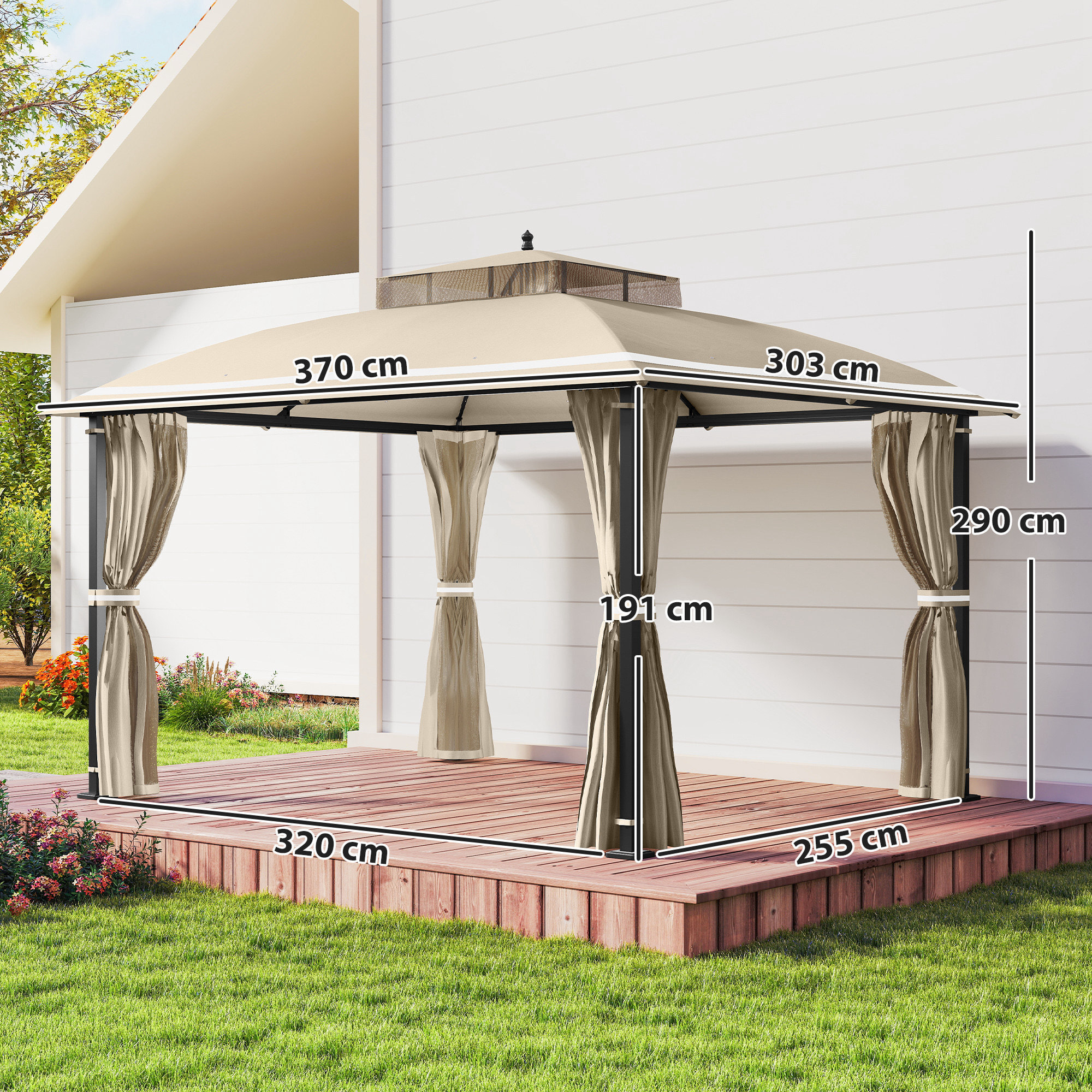 para Jardín 3x3,7 m, Pabellón de Jardín Gazebo con Doble Techo, Paredes Laterales, Mosquiteras, Marco de Metal, Resistente al Agua, Anti-UV, Carpa para Exterior, Terraza, Patio, Beige