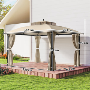 para Jardín 3x3,7 m, Pabellón de Jardín Gazebo con Doble Techo, Paredes Laterales, Mosquiteras, Marco de Metal, Resistente al Agua, Anti-UV, Carpa para Exterior, Terraza, Patio, Beige