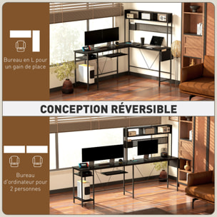 Bureau d'angle réversible design - multi-rangement - prise et port USB - métal effet bois noir