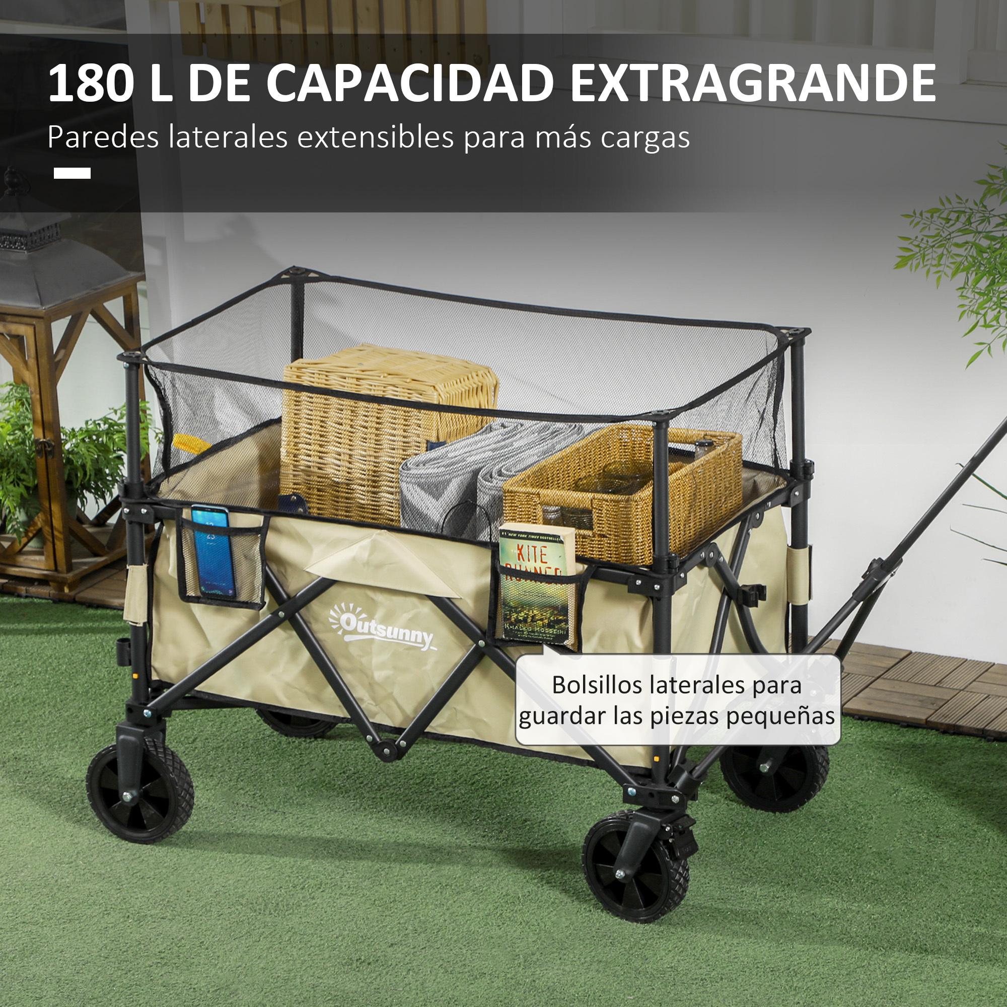 Carro de Jardín 180 L Carro Plegable con Longitud y Ángulo del Mango Ajustables y Paredes Laterales Extensibles Carga 120 kg para Patio Playa Caqui