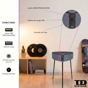 Mesa auxiliar altavoz portátil con sonido de 20W, Bluetooth, Base de carga inalámbrica, batería de 2500mAh. Mesilla o mesita para dormitorio o sala de estar - TD Systems SM20B11PGC [Gris claro]