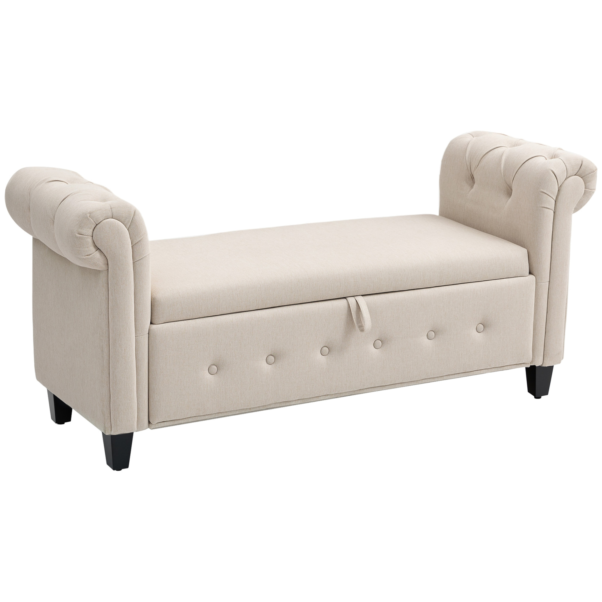 Banco de Almacenamiento Taburete de Almacenaje de Lino con Tapa de Bisagras Patas de Madera y Reposabrazos Enrollados para Dormitorio Salón Pasillo Carga 150 kg 146,5x49x74,5 cm Beige