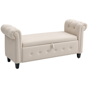 Banco de Almacenamiento Taburete de Almacenaje de Lino con Tapa de Bisagras Patas de Madera y Reposabrazos Enrollados para Dormitorio Salón Pasillo Carga 150 kg 146,5x49x74,5 cm Beige