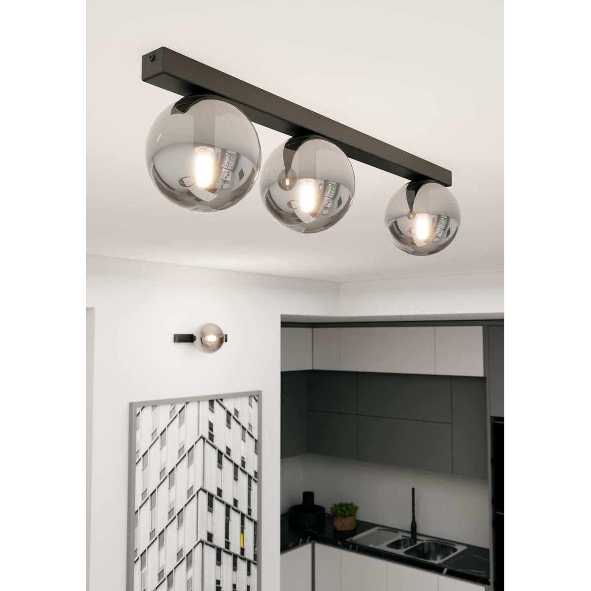 Lampada a sospensione FIT in acciaio nero con diffusori in vetro grafite